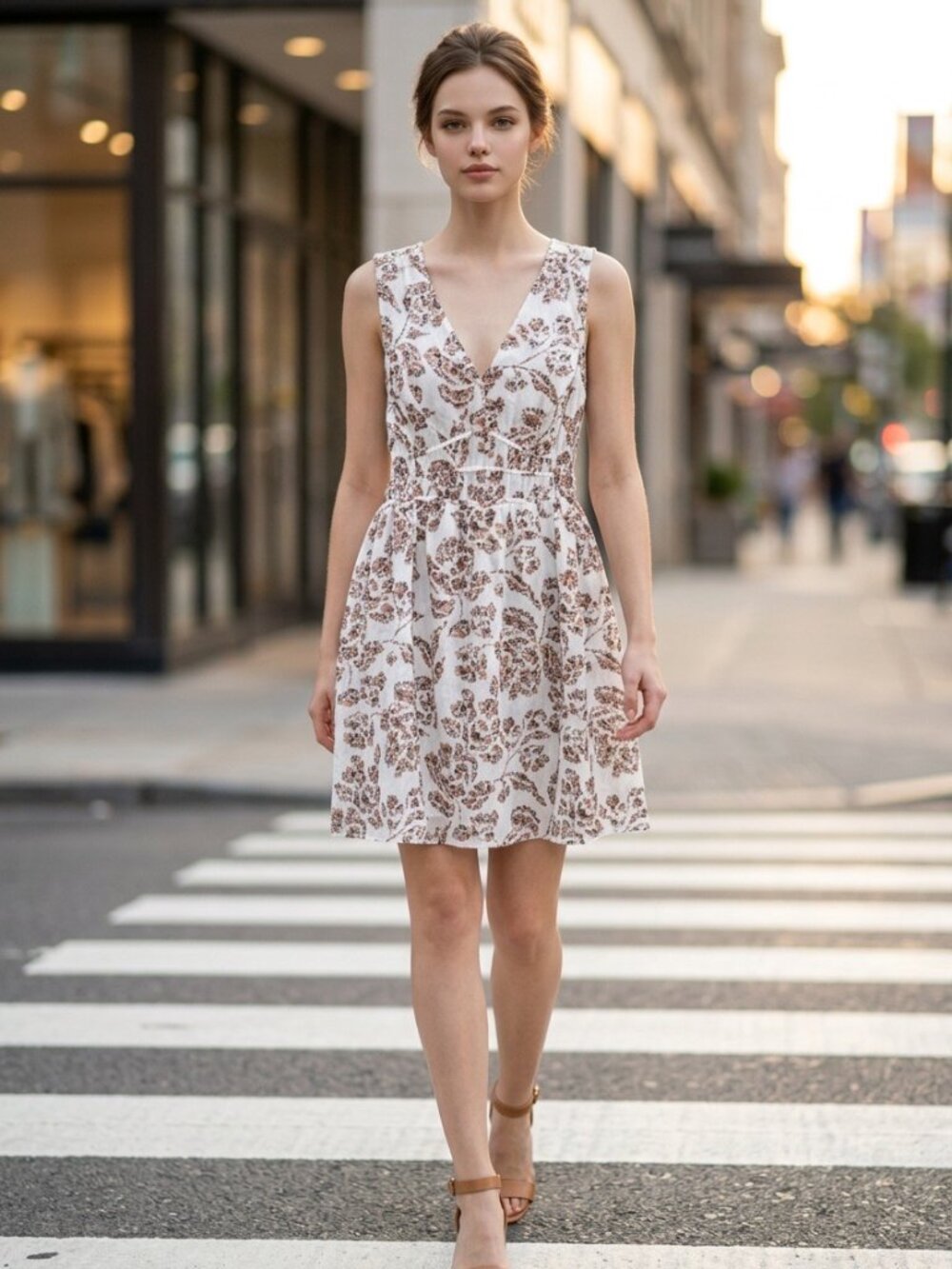 White House Black Market XS White Brown Floral Sleeveless Fit & Flare Dress  Cat